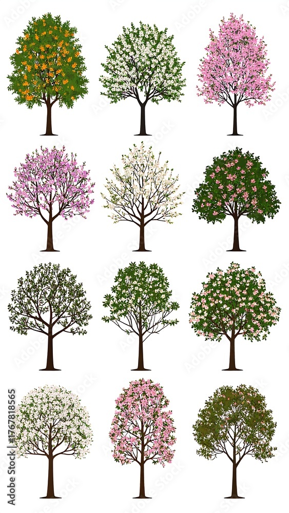 Fototapeta premium Assortment of illustrated trees showing variations in foliage and bloom colors