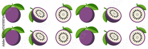 Star apple pattern row, repeating whole fruits and cross sections, white star centers, decorative tropical border, produce vector