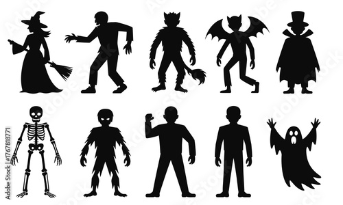 Silhouetted monsters like a zombie and a witch celebrate Halloween happily together tonight