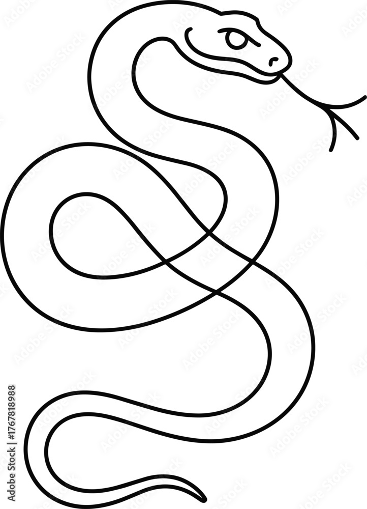 Fototapeta premium Black outline of a coiled snake with forked tongue