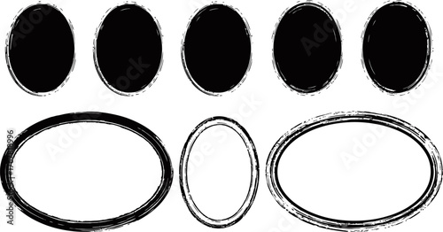 Collection of six distressed oval shapes and three grunge circular frames with textured borders on a white background