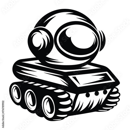 Stylized space exploration probe robot with tank treads