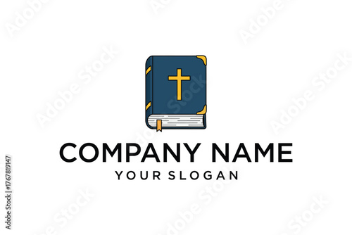 Blue and Gold Holy Bible Book with Cross Icon and Bookmark Illustration