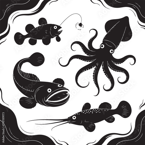 Black and white illustration of deep sea creatures and abstract shapes ocean marine life