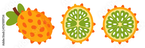 Orange spiny tropical fruit set, whole and sliced pieces, star patterned interior, exotic market illustration, vector collection