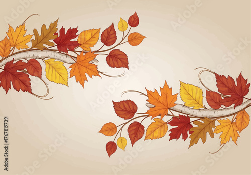 Vibrant autumnal leaves in rich reds, oranges, and yellows gracefully adorn decorative branches, creating a warm and inviting seasonal border illustration, perfect for fall designs