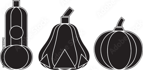 Black Silhouette Vector Set of Stylized Gourds and Pumpkins Highlighting Unique Autumn Shapes and Forms