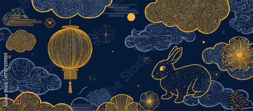 Mid Autumn Festival Illustration with Rabbit Lanterns and Ornamental Clouds Celebrating Asian Culture and Traditions on Dark Blue Background for Festive Designs and Greetings