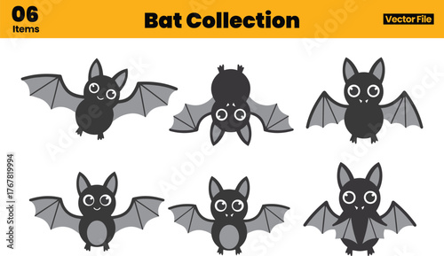 Cute Cartoon Bat Vector Set Featuring Round Black Bodies, Gray Wings, and Playful Halloween Expressions