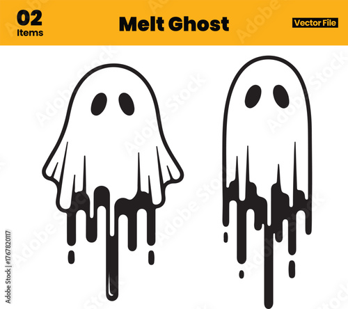 Stylized Dripping Ghost Illustrations with Melting Effect in Minimal White and Black Halloween Vector Design