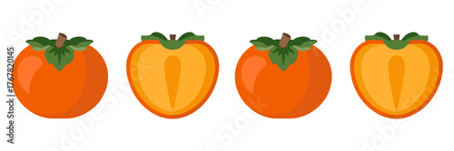 Persimmon fruits collection, whole and sliced pieces, bright orange pulp, leaves on top, realistic food vector