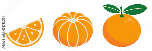 Orange and tangerine icons, peeled segments and wedge, citrus fruit set, juicy vitamin design elements, vector illustration