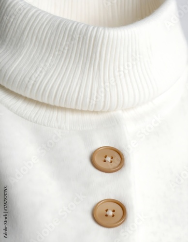 Close-up of ivory-colored turtleneck sweater with two brown buttons