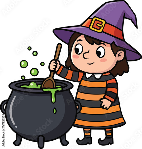 Young Girl Witch Stirring Bubbling Green Potion in Cauldron Wearing Purple Hat and Striped Dress Illustration