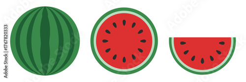 Whole watermelon with rind, half cross section, juicy wedge, summer refreshment, seed pattern detail, farmers market vector