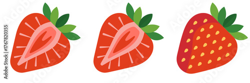 Strawberry trio set, glossy whole berries, seeded slice wedge, garden harvest illustration, smoothie ingredient, sweet dessert vector