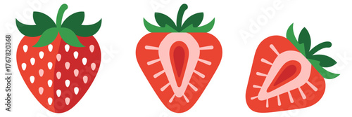 Strawberry collection, whole fruit, dotted red skin, vertical cross section, heart core seeds, kitchen decor graphic vector