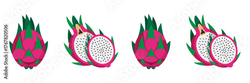 Dragon fruit collection, whole and halved pitaya, speckled interior dots, exotic farmers market clipart, vibrant tropical vector