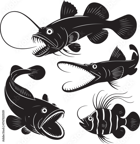 Black vector illustrations of four different fish with open mouths black and white