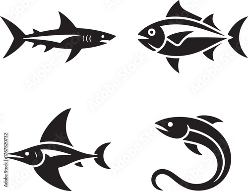 Four black abstract fish icons on a white background shark tuna