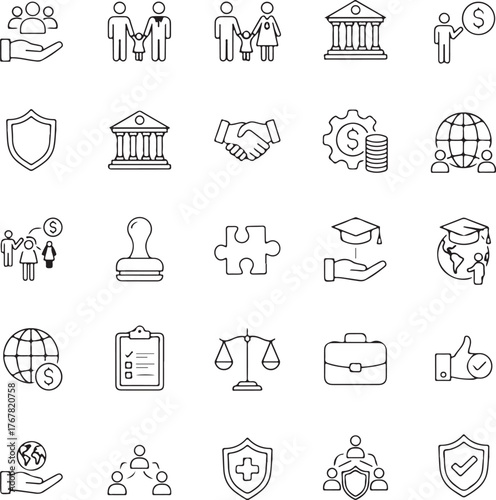 Social policy line icons. Editable stroke vector set for strategy, support, and rights