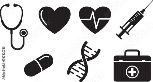 Collection of medical icons in a clean silhouette style representing healthcare and science