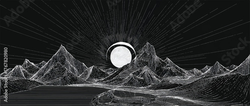 Monochromatic Mountain Landscape with Crescent Moon and Starburst Illumination Artistic Vector Illustration for Graphic Design Projects