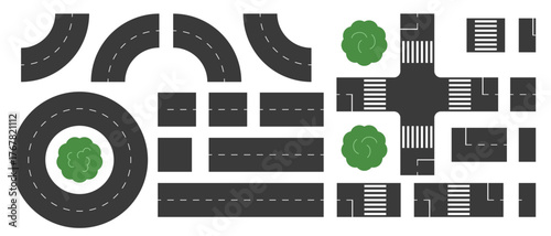 Set of graphic elements for creating road layout or map of urban environment: road with arc markings, straight line, pedestrian crossing, and roundabout. Vector illustration for children's creativity.