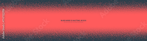 Noise texture halftone pattern horizontal frame ultra wide 32:9 aspect ratio red black vector abstract background. Fuzzy grainy textured panoramic ultrawide format eye-catching spectacular abstraction