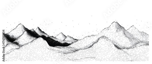 Monochromatic Mountain Range Illustration in Pen and Ink with Stippling Technique Depicting a Scenic Landscape and Artistic Detail