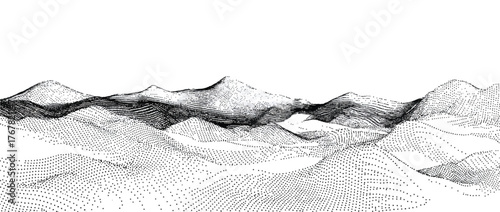 Monochrome Landscape Illustration with Mountain Range and Textured Hills a Minimalist and Artistic Depiction for Creative Projects and Design Concepts