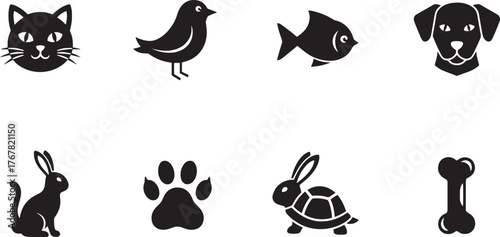 Collection of common pet animal icons and symbols in a simple black silhouette style