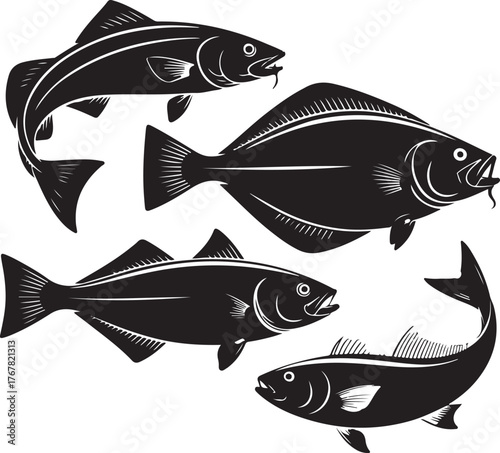 Four black silhouette fish illustrations on white background black and white