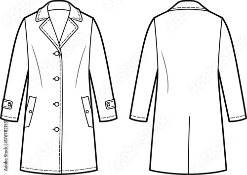 Long trench coat technical flat sketch, fashion design, front and back view