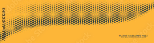 Triangular grid halftone pattern smooth curved border ultra wide 32:9 aspect ratio vector yellow black abstract background. Half tone texture panoramic ultrawide format retro futuristic style backdrop