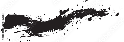 black ink brush stroke on white background with abstract curved paint texture for artistic minimal design concept.
