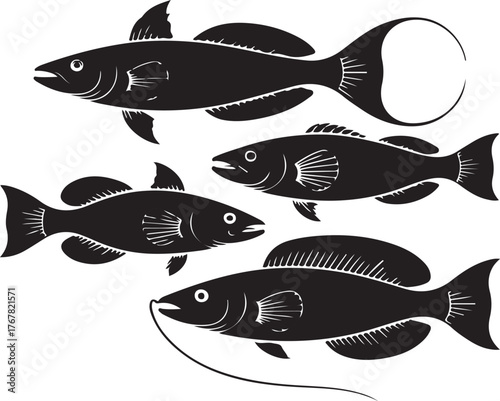 Four black silhouette fish swimming in different directions white