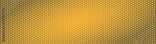 Triangular grid halftone pattern angular elliptical structure ultra wide 32:9 aspect ratio vector yellow black abstract background. Half tone texture ultrawide format retro futuristic eye-catching bg