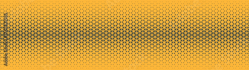 Triangular grid halftone pattern straight horizontal border ultra wide 32:9 aspect ratio vector yellow black abstract background. Half tone texture panoramic format retro styled futuristic abstraction