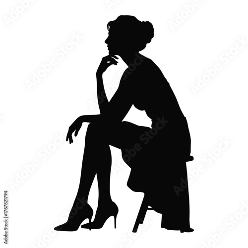 Silhouette of a Woman Sitting Thoughtfully on a Stool with Hand on Chin vector illustration