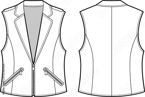 women sleeveless biker vest, fashion technical sketch, detailed apparel design, zipper pockets, clothing vector template