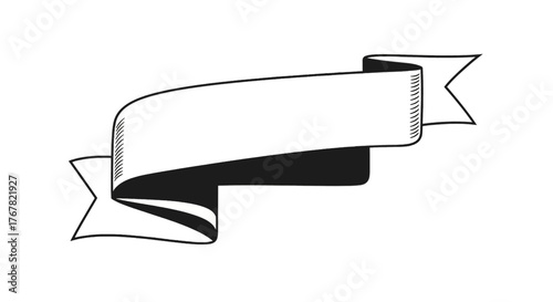 Hand-drawn black and white vintage style ribbon banner illustration with empty space for text.