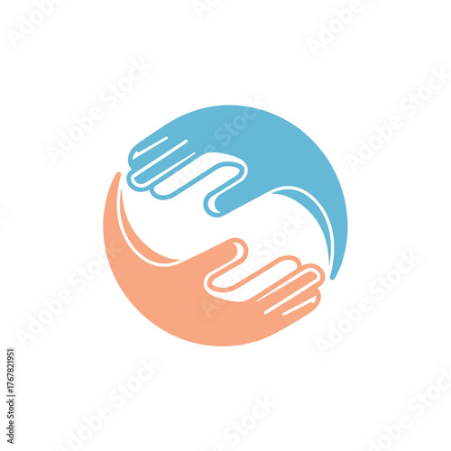 Two stylized hands, one blue and one orange, forming a circular yin-yang symbol representing connection and support.