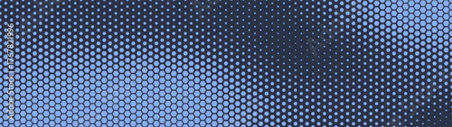 Hexagonal grid halftone pattern smooth blurred texture ultra wide 32:9 aspect ratio navy blue vector abstract background. Hexagon half tone panoramic ultrawide format futuristic technology abstraction