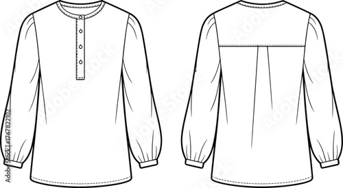 women long sleeve blouse flat sketch, button front shirt design, fashion cad drawing, apparel vector illustration