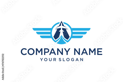 Modern Blue Aviation Logo with Abstract Airplane, Wings, and Circle for Company Branding