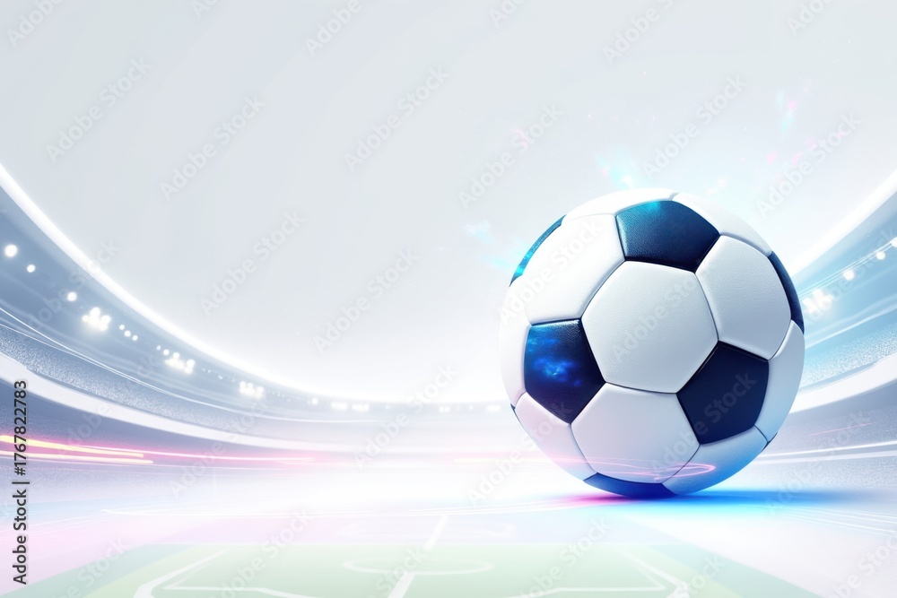 Obraz premium Soccer ball on a brightly lit stadium field with blurred background lights