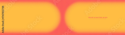 Pop art halftone pattern double frame border ultra wide 32:9 aspect ratio yellow red vector abstract background. Wavy dotted half tone textured panoramic format retro styled futuristic design element