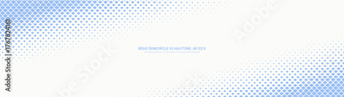 Semicircle scales halftone pattern diagonal frame ultra wide 32:9 aspect ratio white blue vector abstract background. Half tone oriental style panoramic ultrawide format fancy graphic abstraction