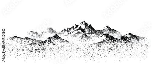 Stippled Mountain Range Illustration with Detailed Peaks and Valleys Creating a Timeless Black and White Landscape for Travel and Outdoor Enthusiasts